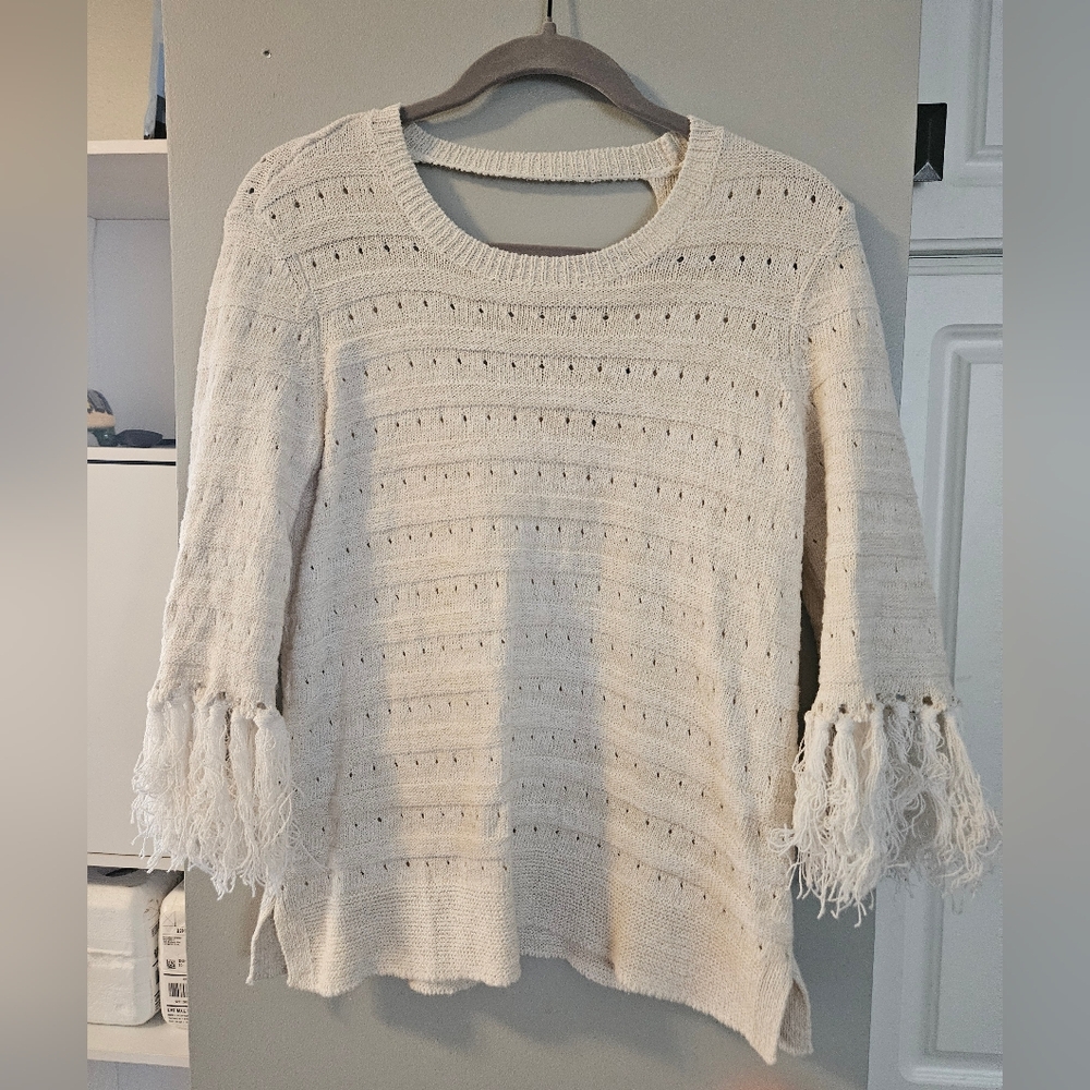 NIC+ZOE Cream Fringe Sleeve Sweater